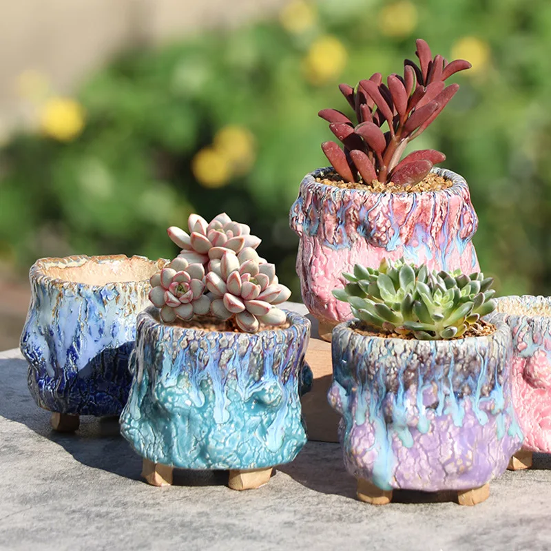 

Wholesale retro rough pottery succulent plant flowerpot personality burst flow glaze ceramic flower pot