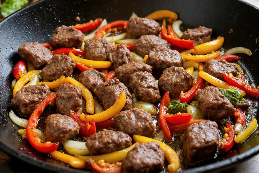 Sizzling pepper steak meat in wok with colorful bell peppers and onions