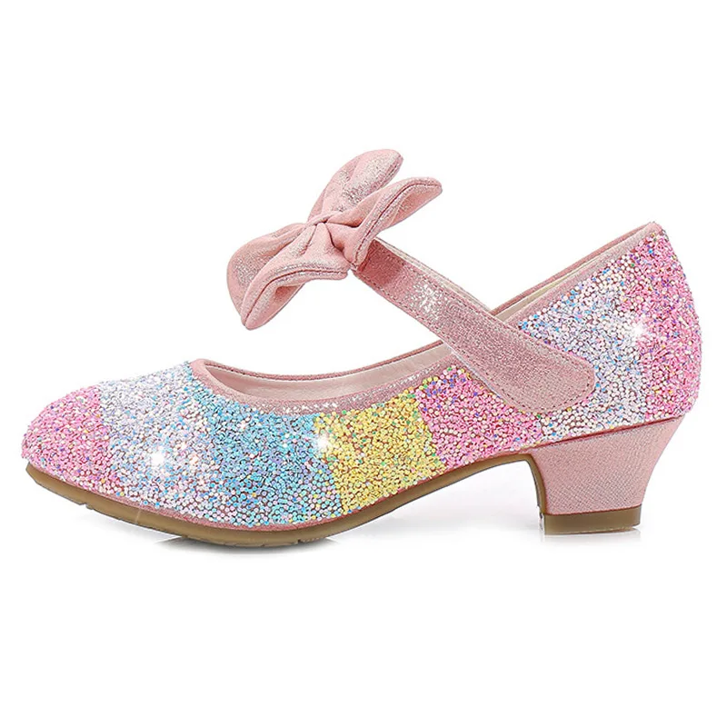 

KD9022 Wholesale new children's big size bow crystal sequin heels shoe girl princess spring summer girls shoes, 4 colors