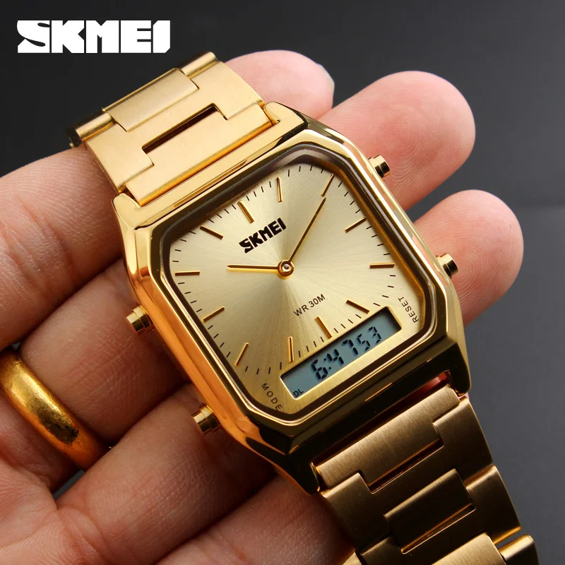 

saat 1220 stylish skmei gold wristwatches men women timepiece digital men watch for gift quartz watches men wrist steel strap, Rose gold,gold,silver,silver/blue,silver/black