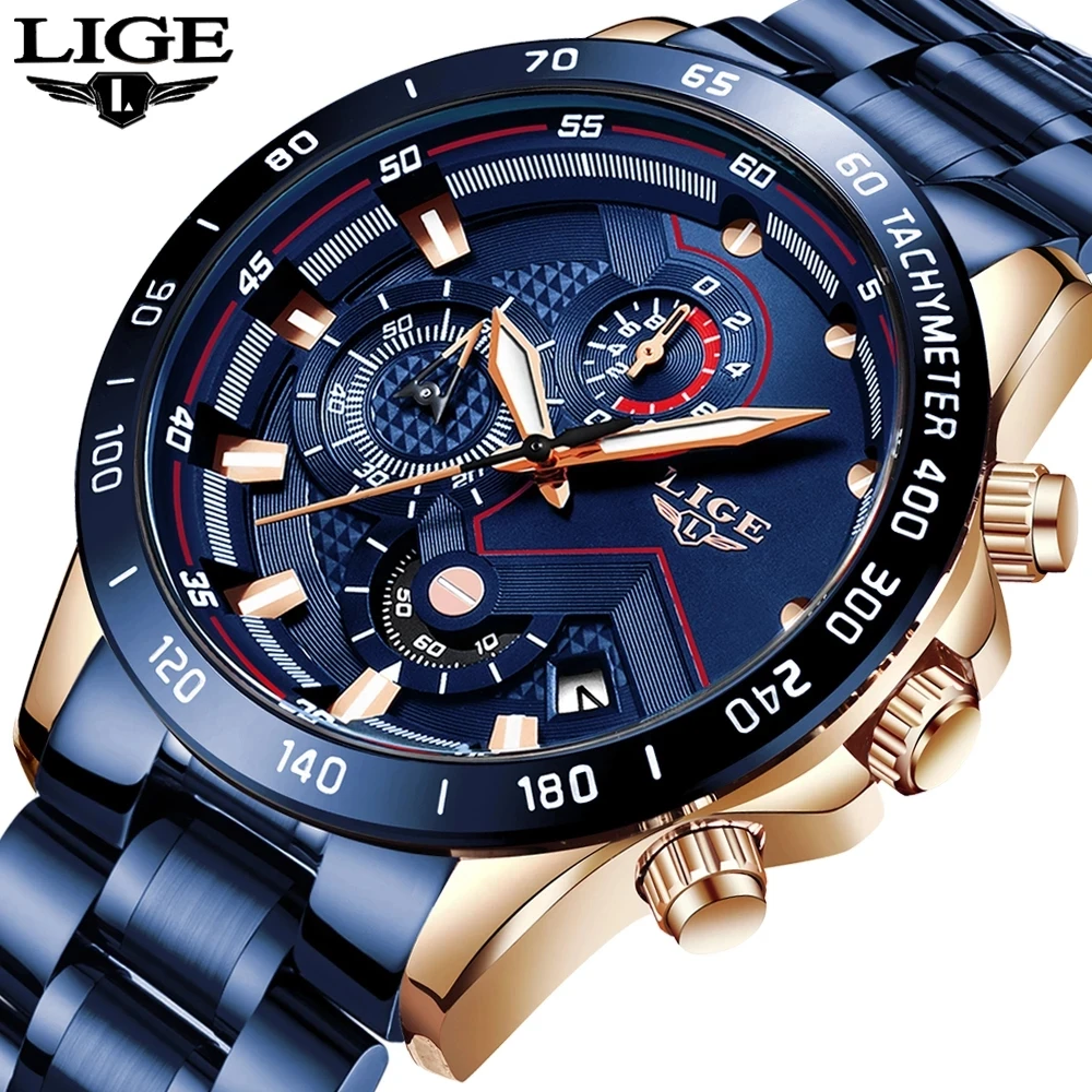 

LIGE 9982 Watch High Quality Stainless Steel Mens Casual Wrist Chronograph Quartz Watches Men Wrist Clock Relogio Masculino, 9-colors