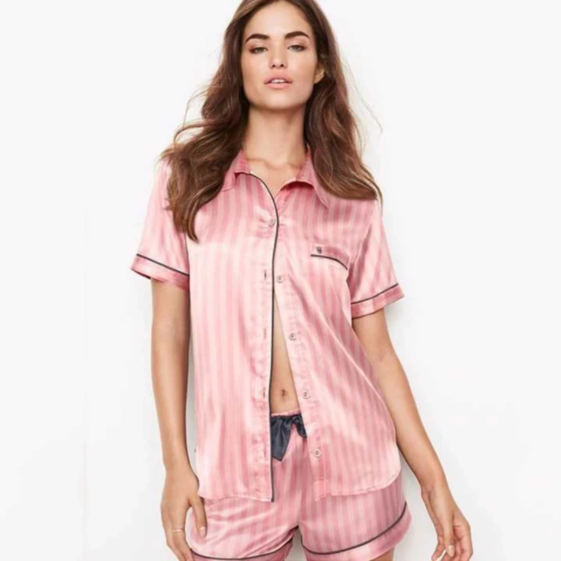 

Luxury OEM ODM Silk Satin Pajamas Short Sleeve Girlish Sleepwear Night Wear for Woman, White, pink, navy, black, orcustomized color