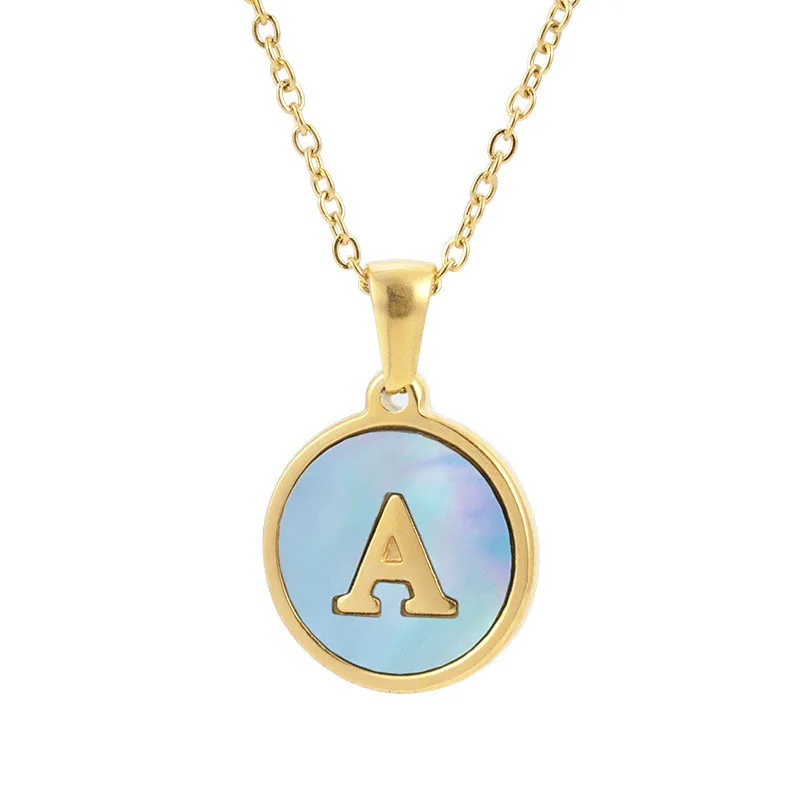 

2022 New Arrival 18K Gold Plated Stainless Steel Round Initial Necklace Blue Shell Alphabet Initial Coin Pendant Necklace