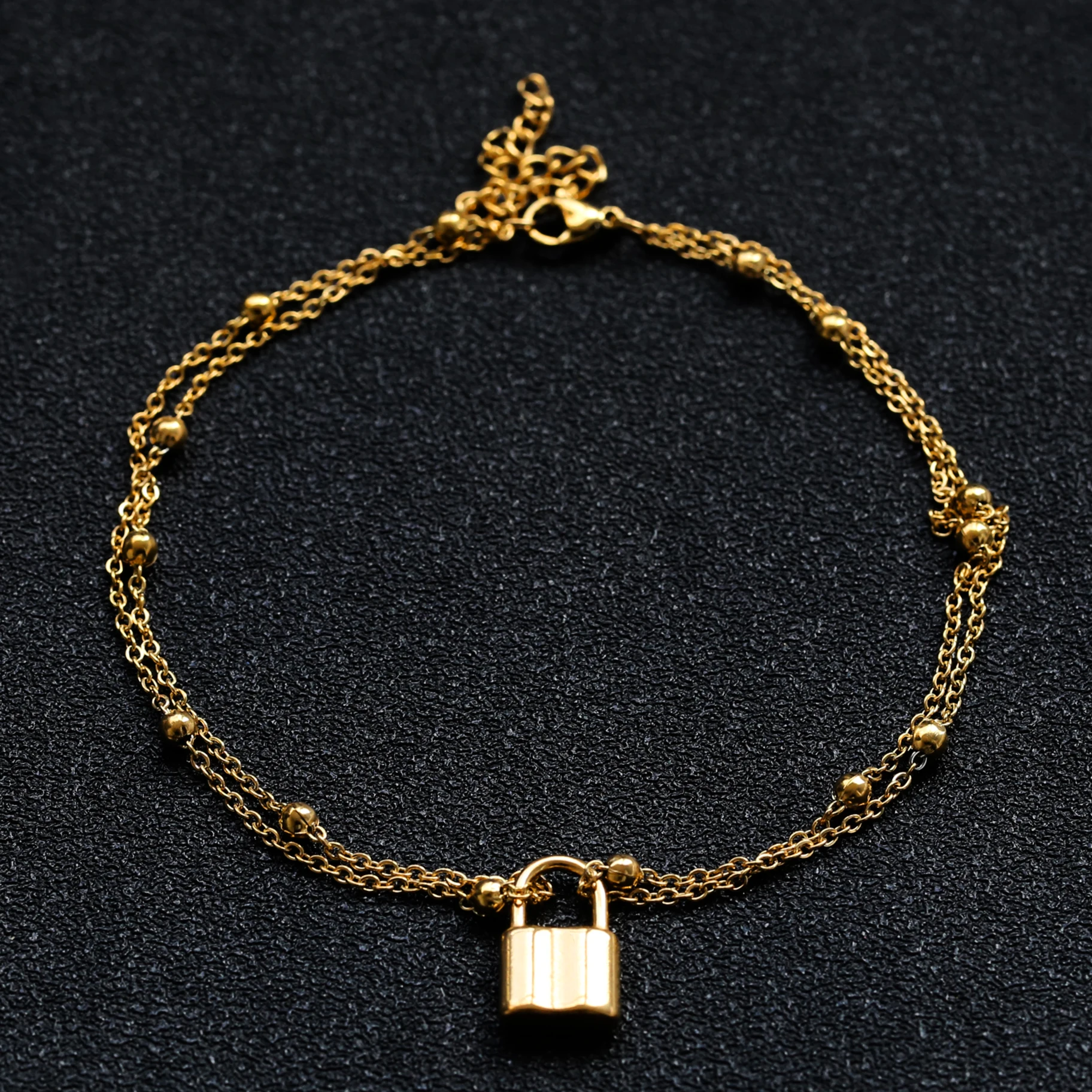 

Wholesale Anklets Foot Jewelry 14K 18K Gold Plated Lock Anklet Top Selling Stainless Steel Titanium Lock Charm Pendant Anklet, Gold sliver