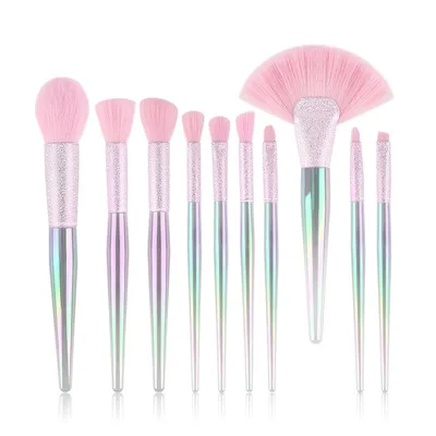 

New Professional 10 makeup brushes set crystal clear handle makeup brush set fan-shaped rainbow makeup brushes set, Picture color