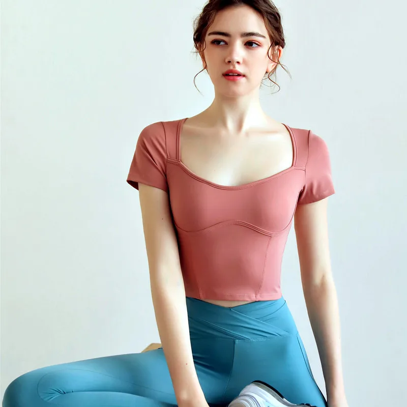 

Wholesale High Quality Super Stretchy Shockproof Inset Chest Pad Solid Colour Short Sleeve Women Fitness T-Shirt Yoga Wear, Customized colors