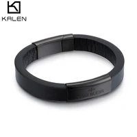 

KALEN Black Leather Men Metal God Bless Cross Bracelet