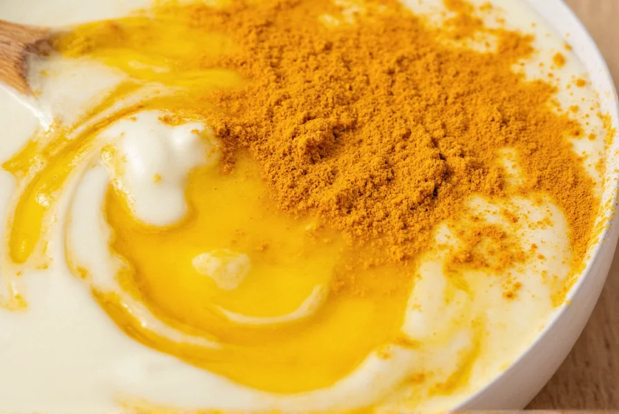 Close-up of turmeric powder being mixed with yogurt and honey for a skin brightening face mask