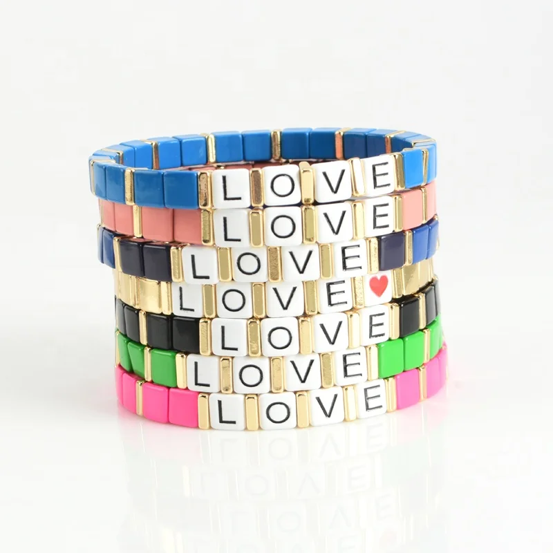 

1/3/5 Strands Tile Bracelet Enamel Love Letter Beaded Stretchy Bracelet, Red