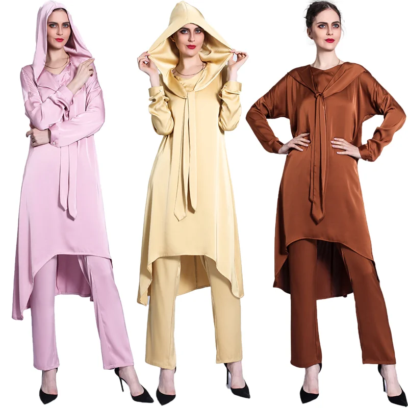 

2021 Turkish solid color hat and lace two-piece jacket + pants Muslim summer women's clothing in stock, Pink, yellow, caramel