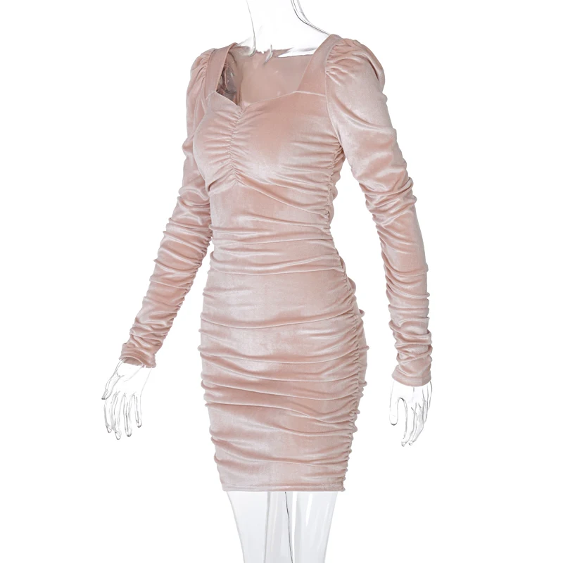 

High Level Pink Square Collar Long Sleeve 2020 Autumn Winter Velvet Warm Clothing Ladies Sexy Mini Elegant Ruched Dress, Customized color