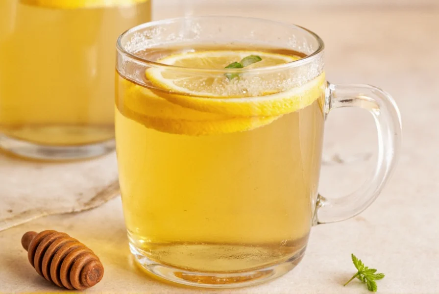 Person holding warm mug of golden honey citron ginger tea with steam rising, set against winter window