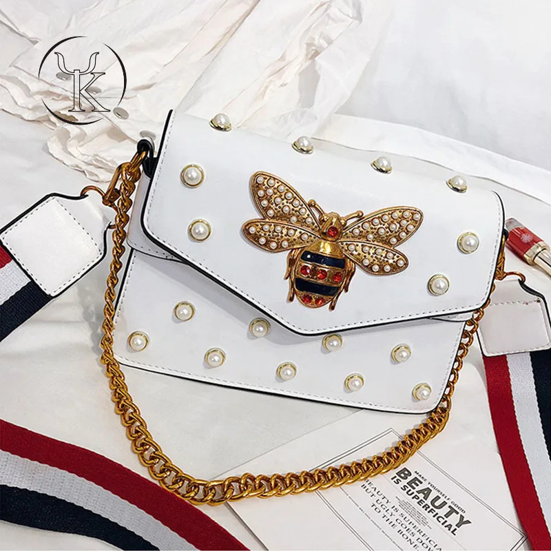 

Luxury Designer Bee Pattern Bags Rivet Pearls Shoulder Bag Famous Brand Chain Square Totes Women Crossbody Bolsa New Small