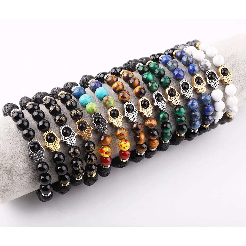 

New Fashion Natural Stone Buddhism Chakra Beads for Man Stainless Steel Hamsa Hand Charm Beaded Bracelet JBS12414