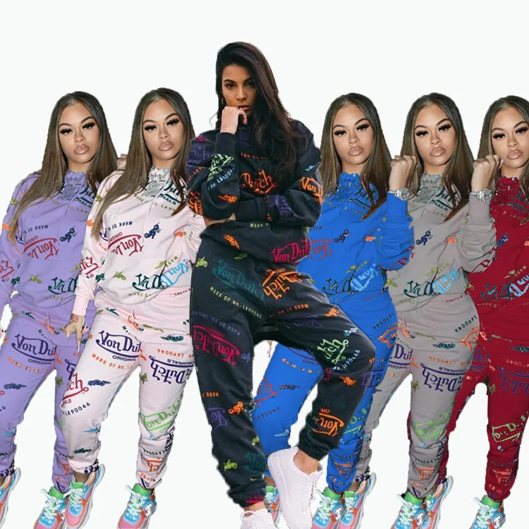 

2021 new arrivals XS women clothing von dutch Graffiti printed tracksuit two piece set casual hoodies outfits streetwear, 6 colors as picture