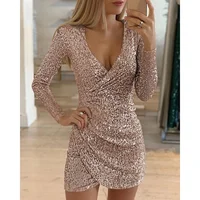 

Hot Sexy V Neck Tight Dress Long Sleeve Glitter Party Sequin Evening Dress Women