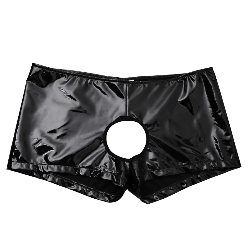 

iEFiEL Mens Shiny Wetlook Boxer Briefs Patent Leather Low-rise Open Front Hole Crotchless Shorts Underwear