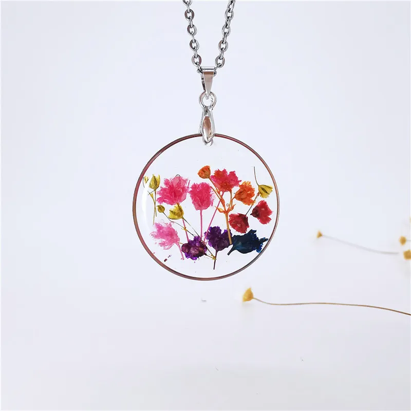 

dainty resin dried pressed flower roundness pendant necklace stainless steel chain for women, Steel color