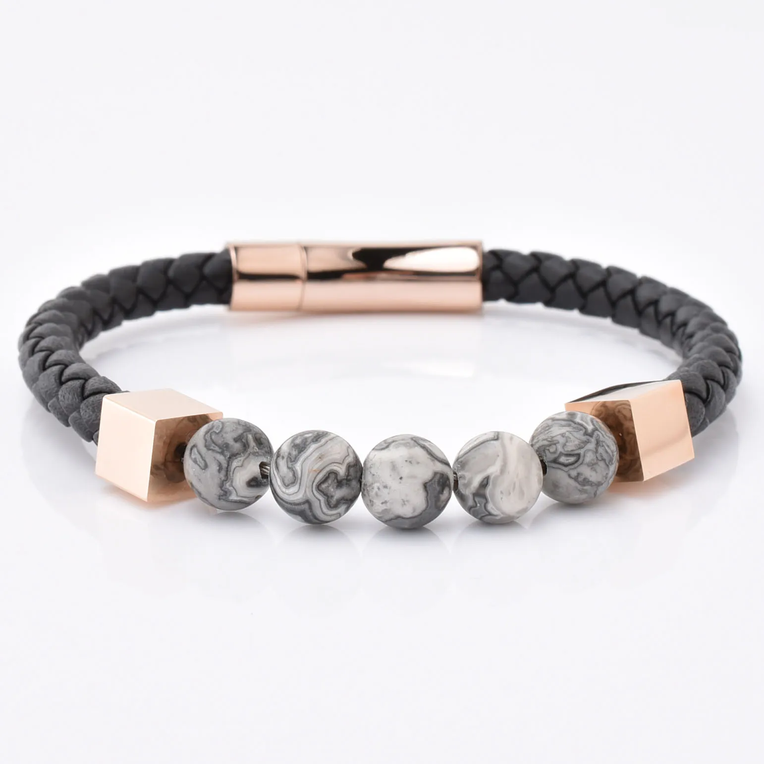 

Inspirational Memorial Leather And Gold Charm Grey Jasper Stone Bracelet