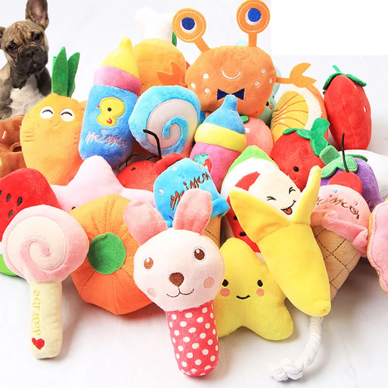 

Novelty Present Pets Recyclable Fancy Puppy Interactive fruits vegetables Soft Chewy Pet Plush Squicky Toy