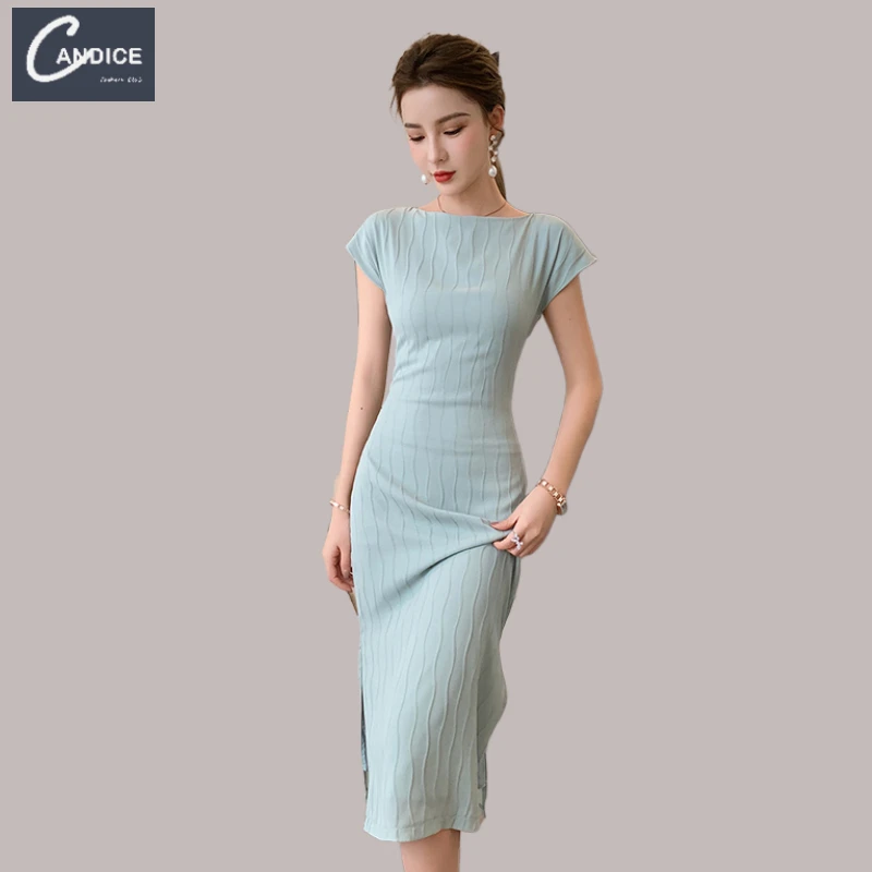 

Candice 2021 summer Chinese style casual cheongsam high waist plus size solid office ladies wear vintage long elegant dress