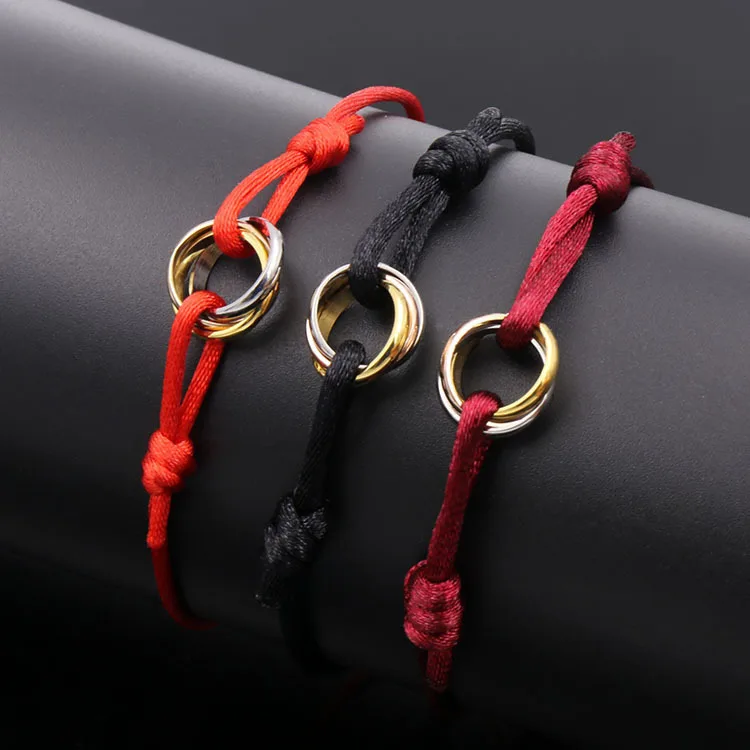 

Fashion Boho Lucky Stainless Steel 3 Rings Buckle Ribbon Chain Black Red String Bracelet for Women Men DIY Jewelry, Picture colors