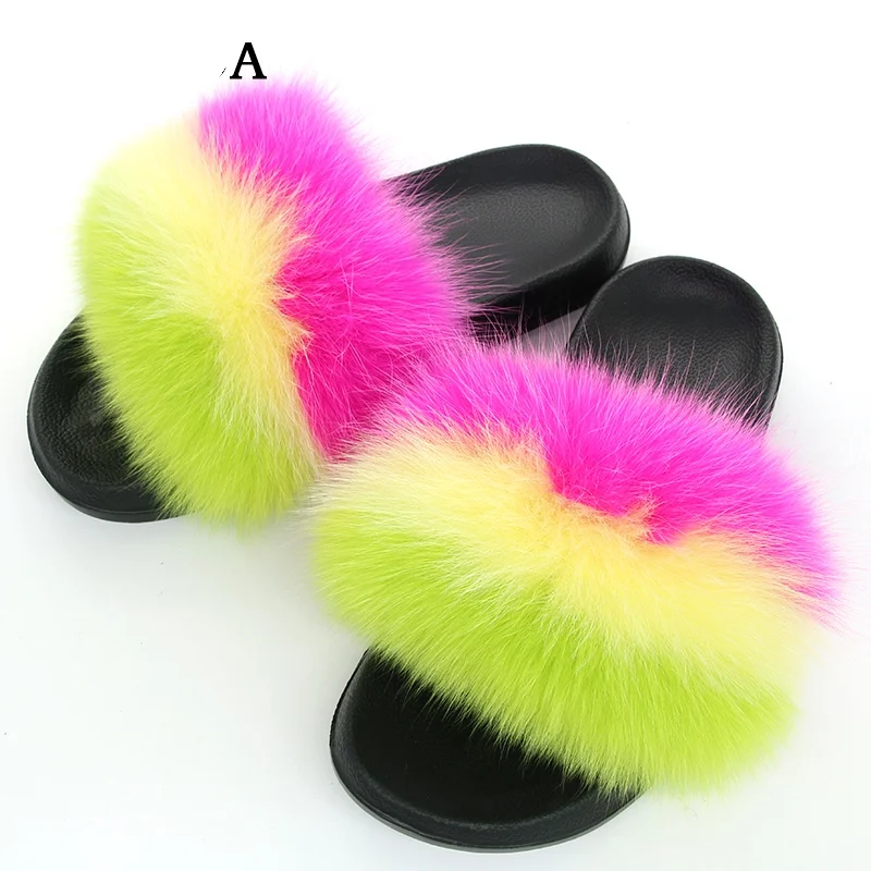 

Winter Fluffy sandals Women Real Fox Fur Slides Mixed Fuzzy Flat Fur Sandals Indoor Slippers Lady Fur Flip Flops Plush Shoe