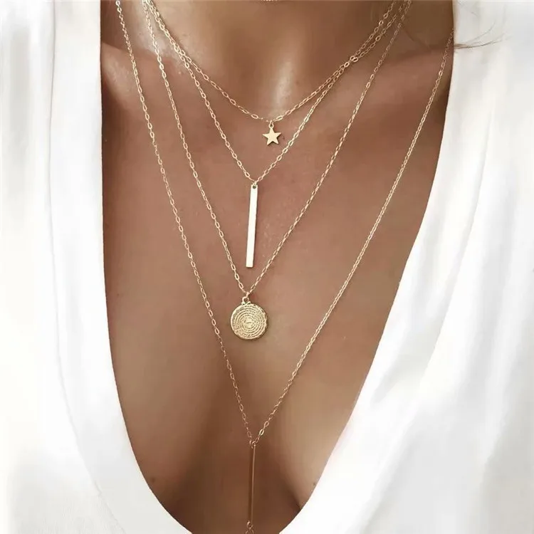 

Star Round Zinc Alloy Multiply Necklace four layer necklace lady simple star disc vertical Alloy Pendant Necklaces for Women, Gold color