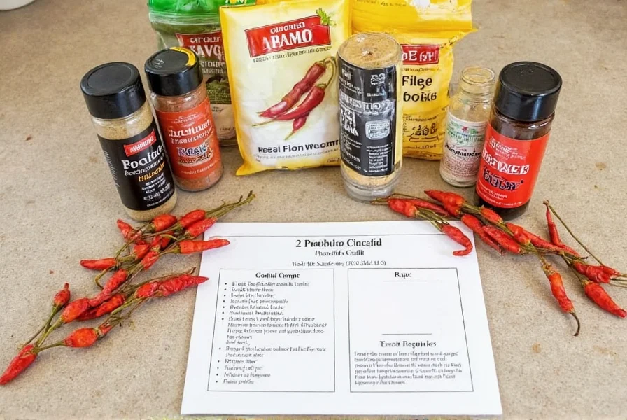 2 alarm chili kit components laid out on kitchen counter showing spice packets, dried peppers, and recipe card