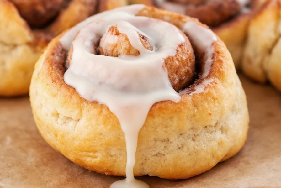 Close-up of copycat Cinnabon cinnamon roll with cream cheese icing dripping down spiral