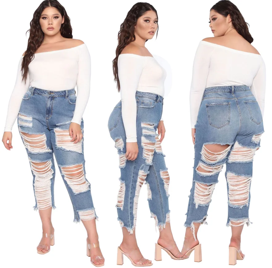 

New design denim ladies trousers 2XL plus size jean women straight loose ripped sexy jeans for sales, Light blue,dark blue, gray color,customized color