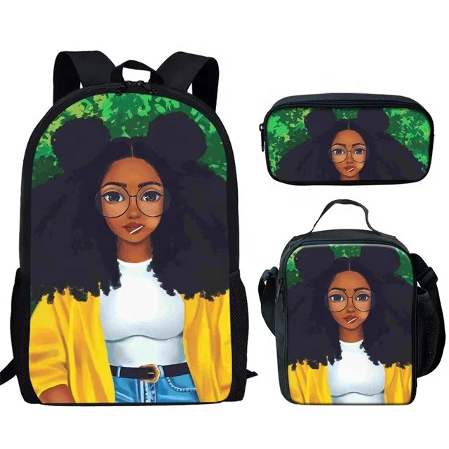 

3pcs School Bag Set Fashion Lady African Black Girls Printed Pencil Bag Mochilas Escolares Bags For Kids Backpack School Bags