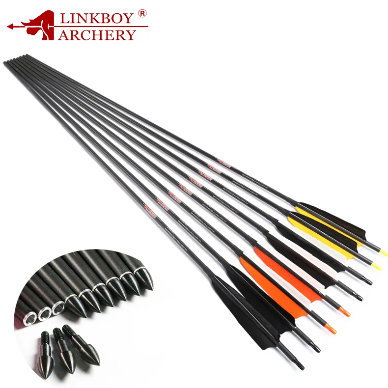 Linkboy Archery 32inch Pure Carbon Arrow Spine300 340 400 500 600 ID6.2mm with Turkey Feather Arrow for Archery Bow Arrows