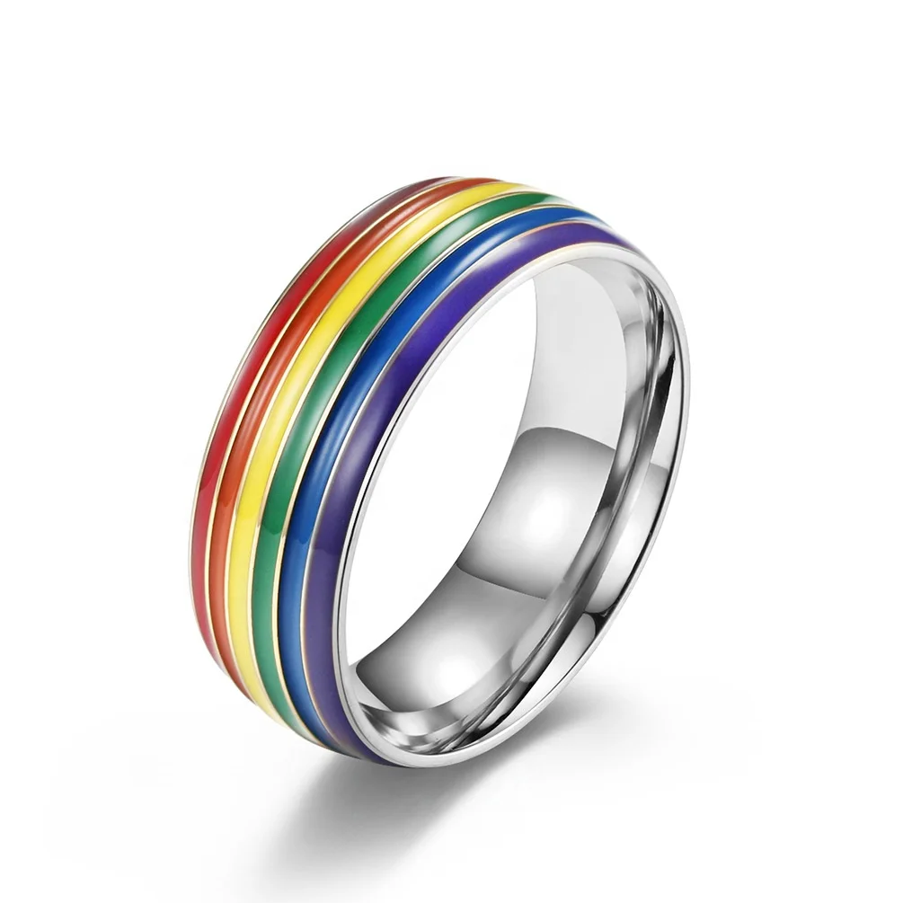 

Rainbow Titanium Steel Fashion Ring Striped Contrast Casual Ring, Picture