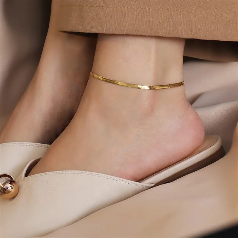 

Stainless Steel 14K Gold Plated 4MM Flat Snake Chain Anklet Simple Ladies Foot Anklet Jewelry Accessories