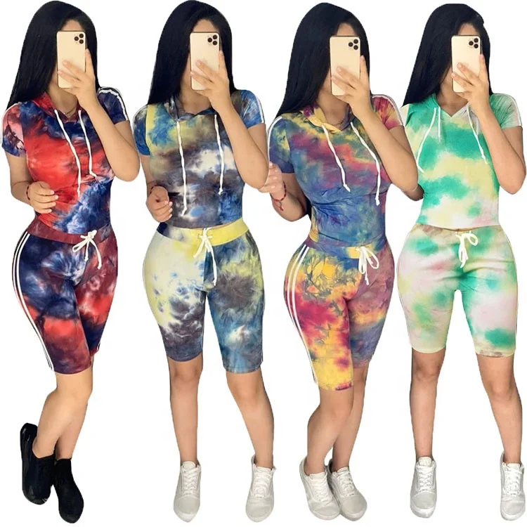 

Tie Dye Pant Casual Set Clothing Good Stretchy Wholesale Bodycon Chiffon Suit Clothes Women Two Pieces Biker Shorts, Picture