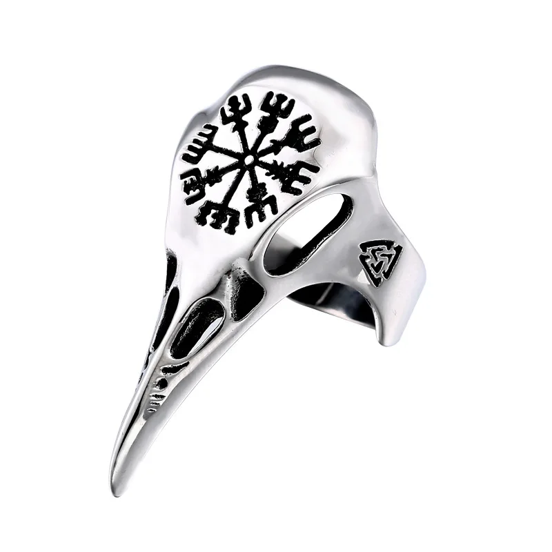 

Gothic Nordic Compass Animal Crow Skull Ring For Men Stainless Steel Viking Ring Male Odin Crow Norse Pagan Rings, Picture shows