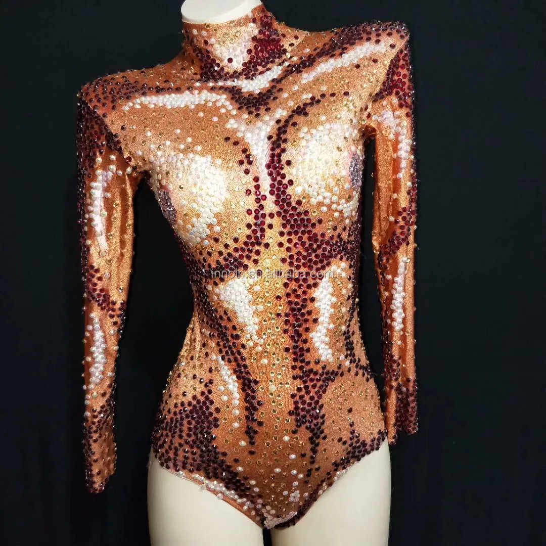 

Sparkly AB Beads Orange Bodysuit Sexy Big Stretch Outfit Nightclub Shining Rhinestone DS Costume Female Singer Dance Leotard