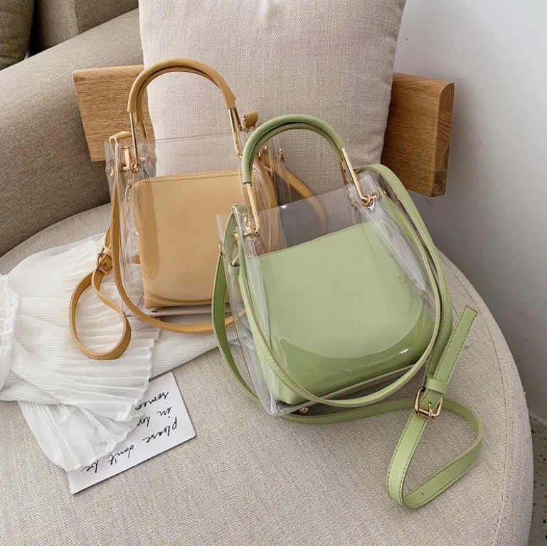 

Hot selling summer jelly beach bag 2pcs in 1set plastic transparent pvc handbags for women 2021, Green,white,black,yellow