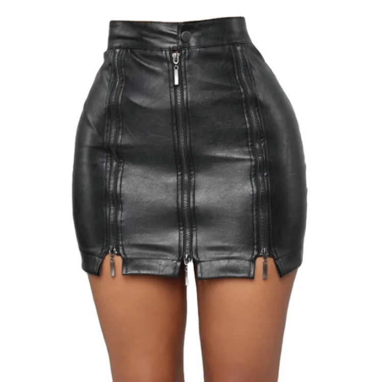 

Plus Size Fashion Casual Button Zipper Front Closure Leather Mini Skirt