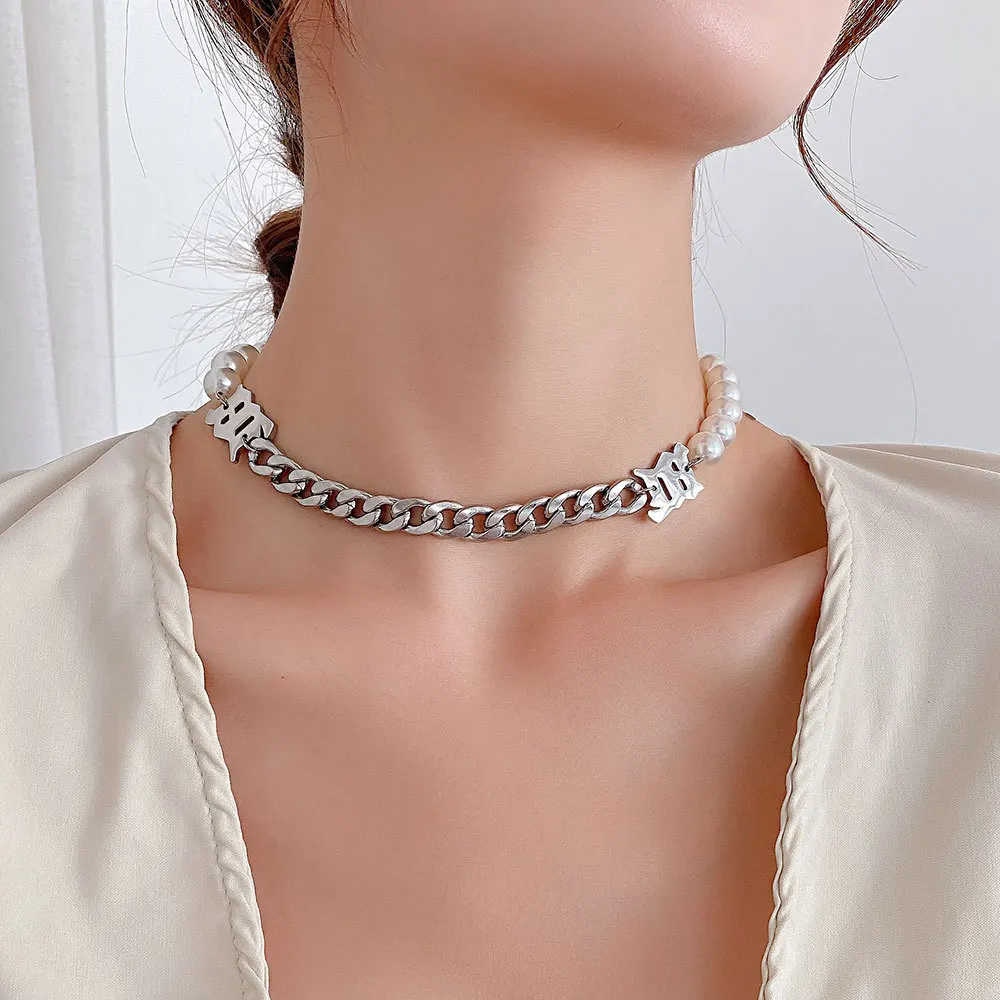 

Vershal B3-496 Luxury Pearl Beaded Necklace Elegant Cuban Chain Choker Stainless Steel Necklace