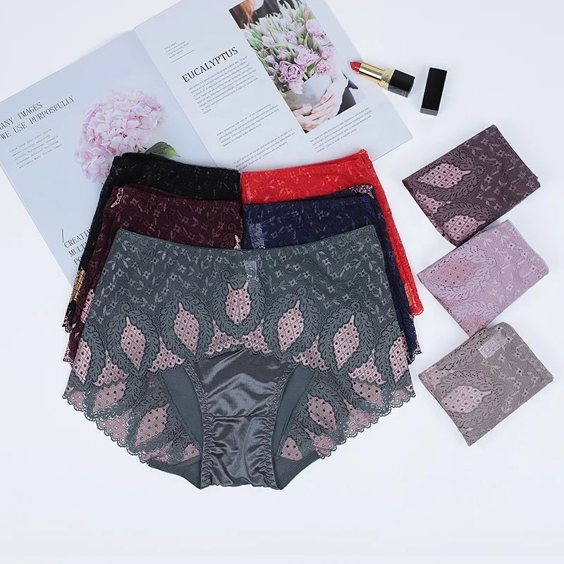 

Comfortable breathable underwear for lady leaf shape lace satin patchwork panties, Customized color