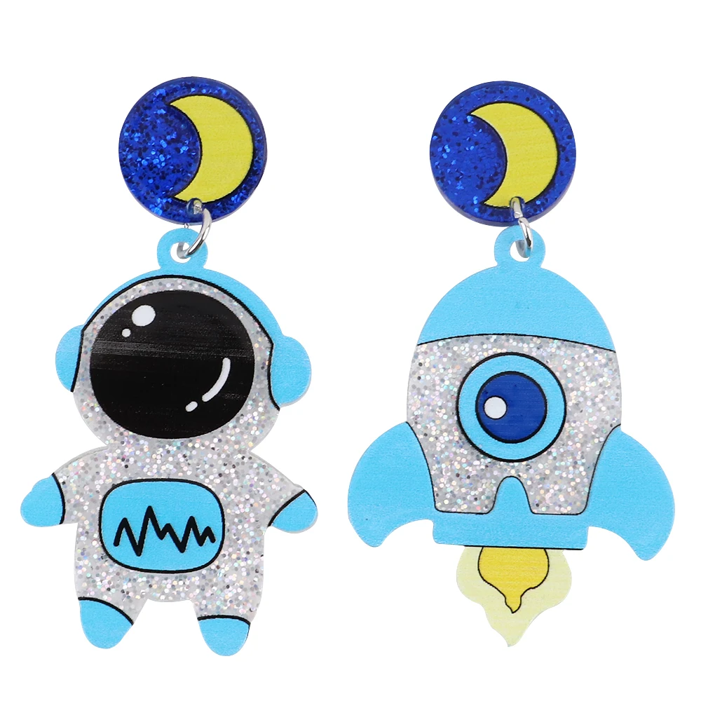 Cartoon Lovely Spaceman Resin Dangle Earrings Yellow Moon Blue Astronaut Rocket Glitter Spot Acrylic Drop Earrings Party Jewelry