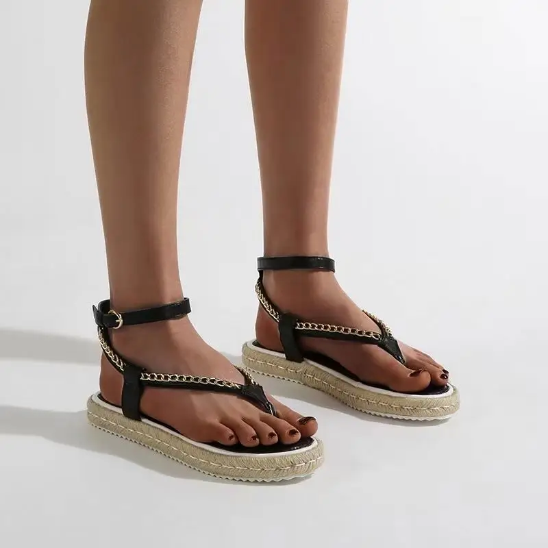 

2021 European and American new fashion hemp rope bottom chain flat flip flops sandals women, Black,white or customized