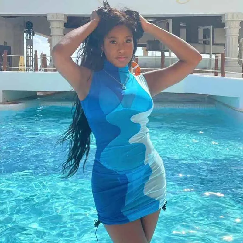 

Gauze Bodycon Dresses Drawstring Ruched Sexy Clothes Summer See Through Womans Sleeveless Mini Mesh Dress Women 2021, Black,blue,pink