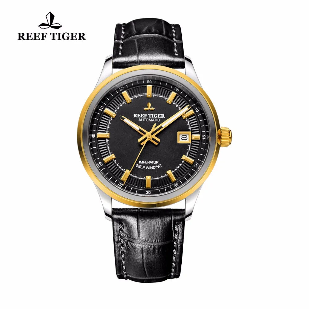 

Reef Tiger Dress Business Watch For Men Miyota 9015 Super Luminous Watches with Date Steel Yellow Gold Watch RGA8015