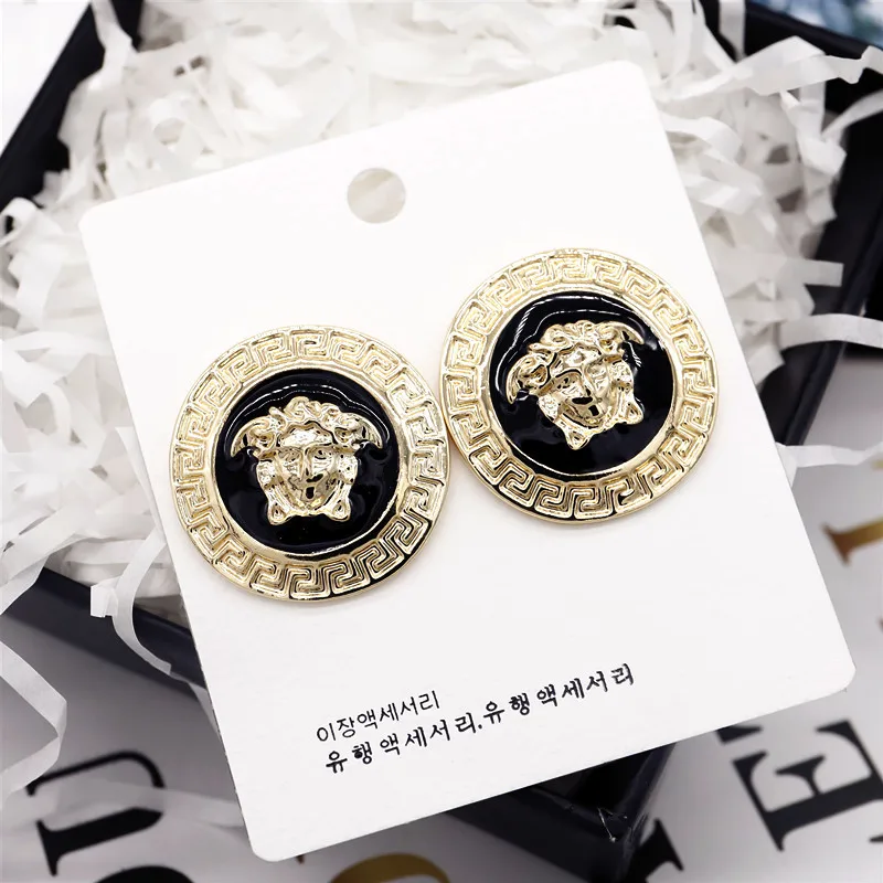 

S925 silver needle Korean gold lion head stud earrings round metal texture enamel earrings jewelry accessories for women, Gold plated