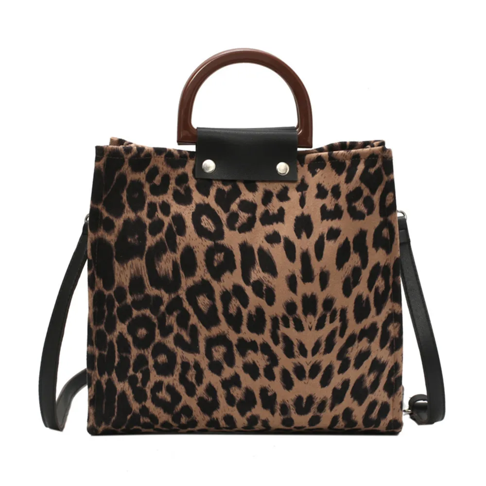 

How selling new design winter collection wooden handler tote bags fancy leopard printing large capacity shopping bags for lady, 2 colors availale