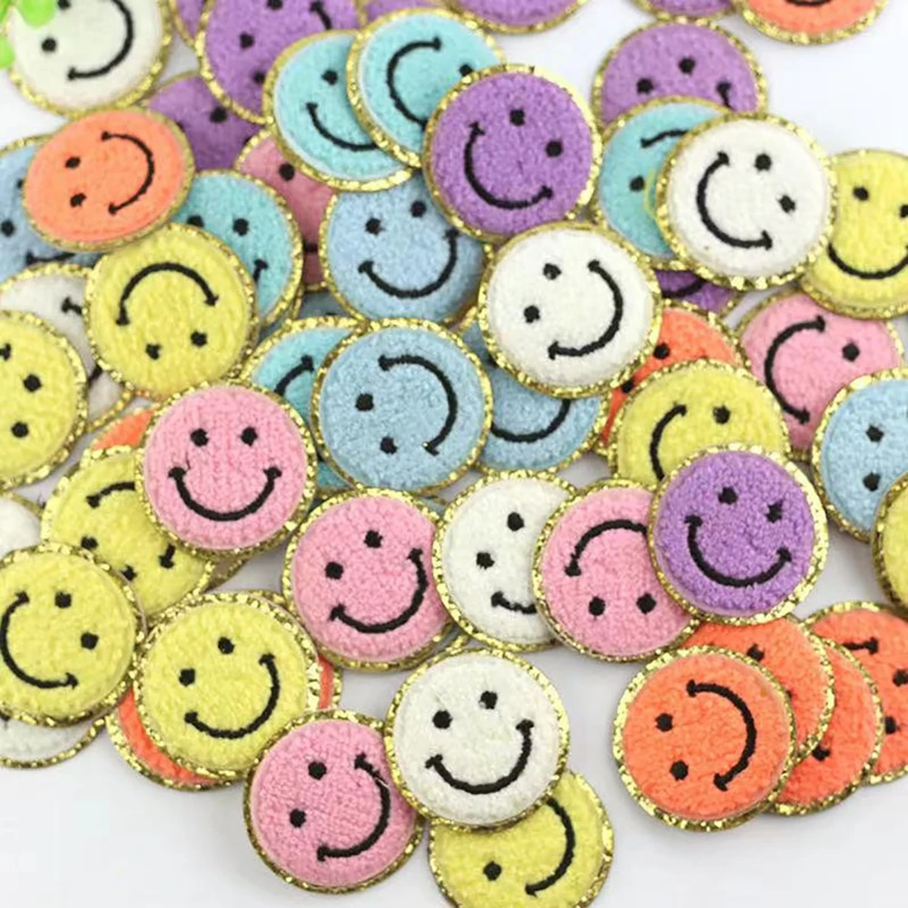 

Custom Sticker Colorful Sequin Smile Chenille iron on Embroidered Smiley Face Patches