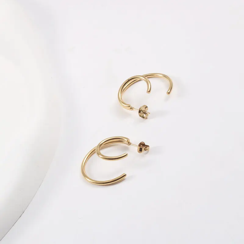 

JOOLIM Jewelry PVD 18K Gold Plated Lines Double-layer C Hoop Earring Stainless Steel Jewelry Fashion Jewelry